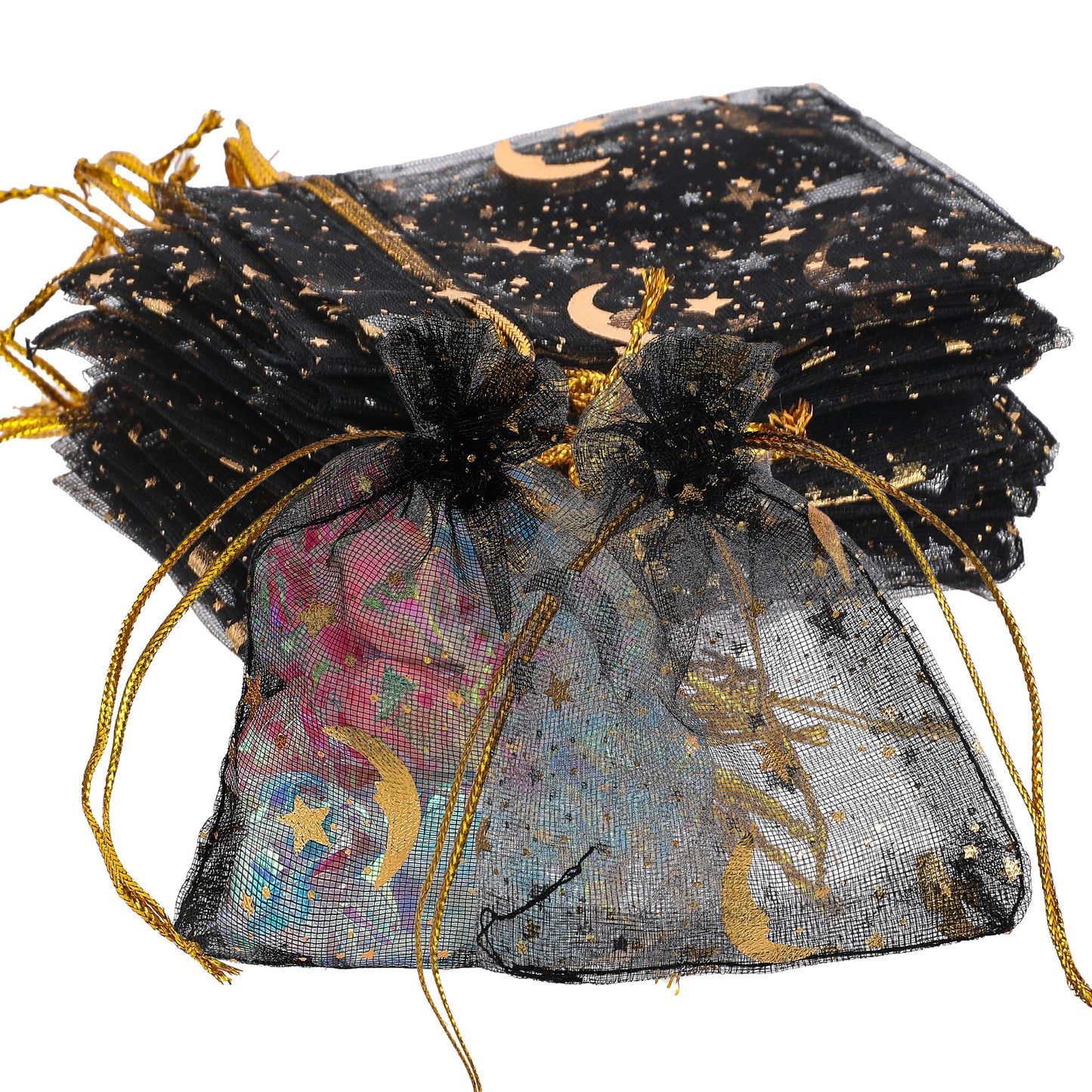 Giantree 100 Pcs Moon Star Organza Bags, 3×4 Inch Organza Jewelry Candy Bags, Black Little Mesh Organza Favor Bags Gift Pouch with Drawstring for Christmas Wedding Party Valentine's Day(Black)