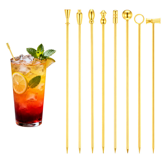 cobee 8Pcs Cocktail Picks, Metal Martini Cocktail Picks, Reusable Cocktails Skewers Cocktails Pick Accessories for Drinks, Metal Toothpicks for Bartenders(Gold)