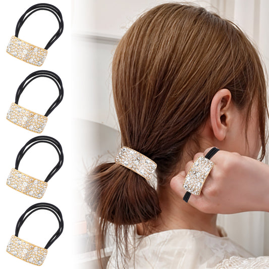 HJZHII 4PCS Crystal Rhinestone Hair Ties for Women Girls, Sparkly Rhinestone Hair Ties Elastics Scrunchies Fashion Hair Bands Elegant Hair Accessories for Women Girls(Gold)