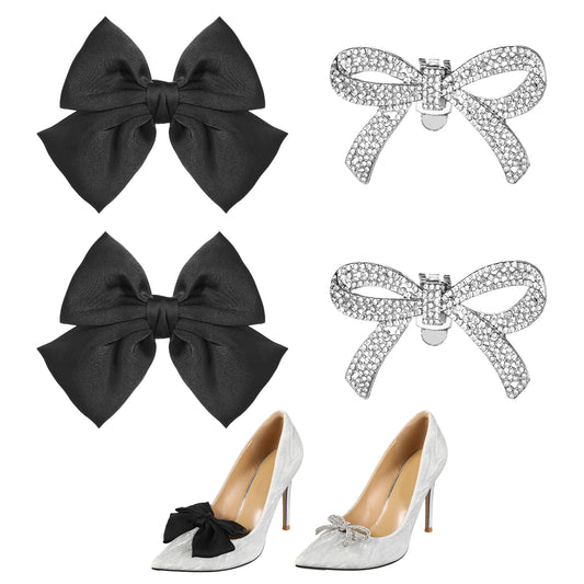 Giantree 4pcs Shoe Clips, Bow Shoe Clips, Detachable Bowknot Shoe Clips for Women, Bow Shoe Buckles Rhinestone Shoe Clips Bow Knot Shoe Charms for Heels for Wedding Bridal Party Daily Wearing (Silver)