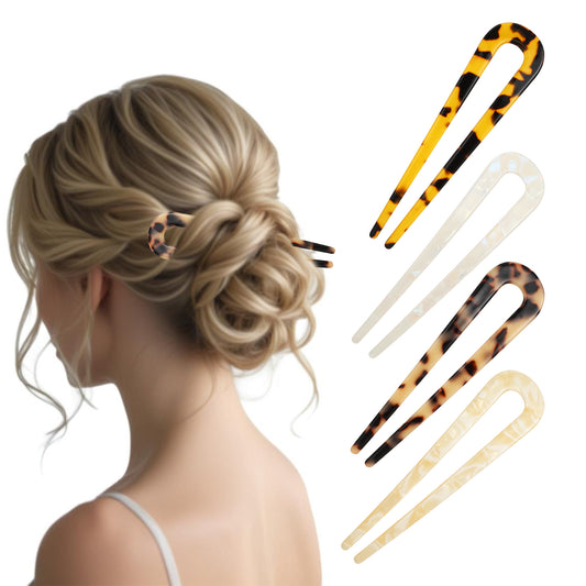 JIYIN 4 Pcs U Shaped Hair Pins, 4.3" U Shaped Hair Fork Acetate Tortoiseshell French Hair Pin Classic 2 Prong Bun Hair Sticks for Women Girls Hairstyles