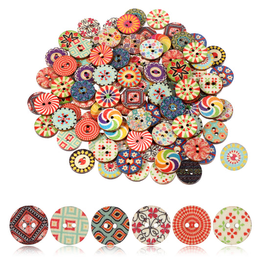 cobee 100 Pcs Mixed Vintage Wooden Buttons, Craft Buttons Assorted Flower Buttons 15mm with 2 Holes, Round Decorative Buttons for DIY Sewing Craft Decorative Handmade Projects