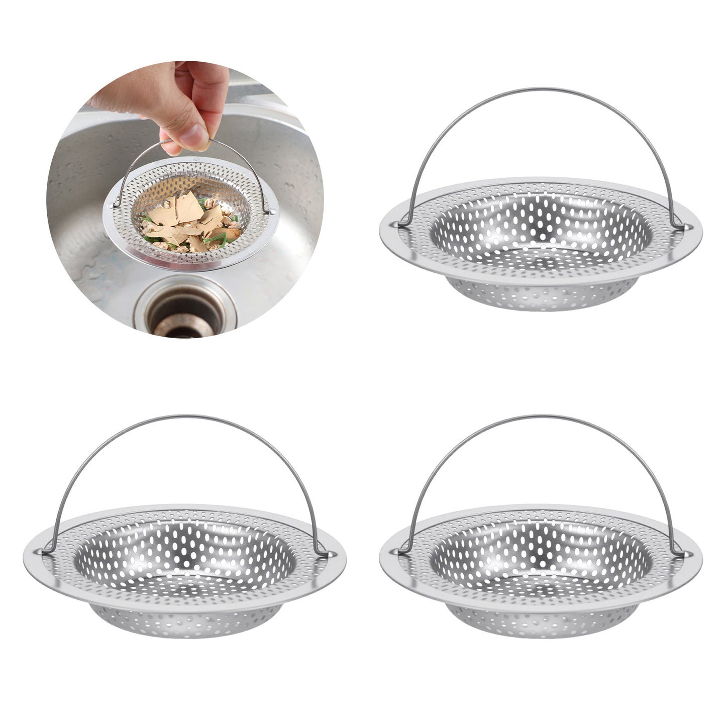 DOPENSPI 3 PCS Kitchen Sink Strainer with Handle for 3.15in/8cm Wide Sink Height 0.78in/2cm, Stainless Steel Kitchen Plug Anti Clogging Drain Cover Food Hair Catcher