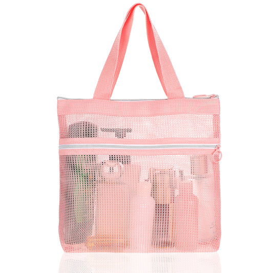 JIYIN Mesh Shower Caddy Bag, Small Pink Portable Hanging Toiletry Tote Bag with Zipper for Women, Shower Caddy Quick Dry Mesh Tote Bags for Gym Travel Camp Beach for Sunscreen Dorm & College Essential