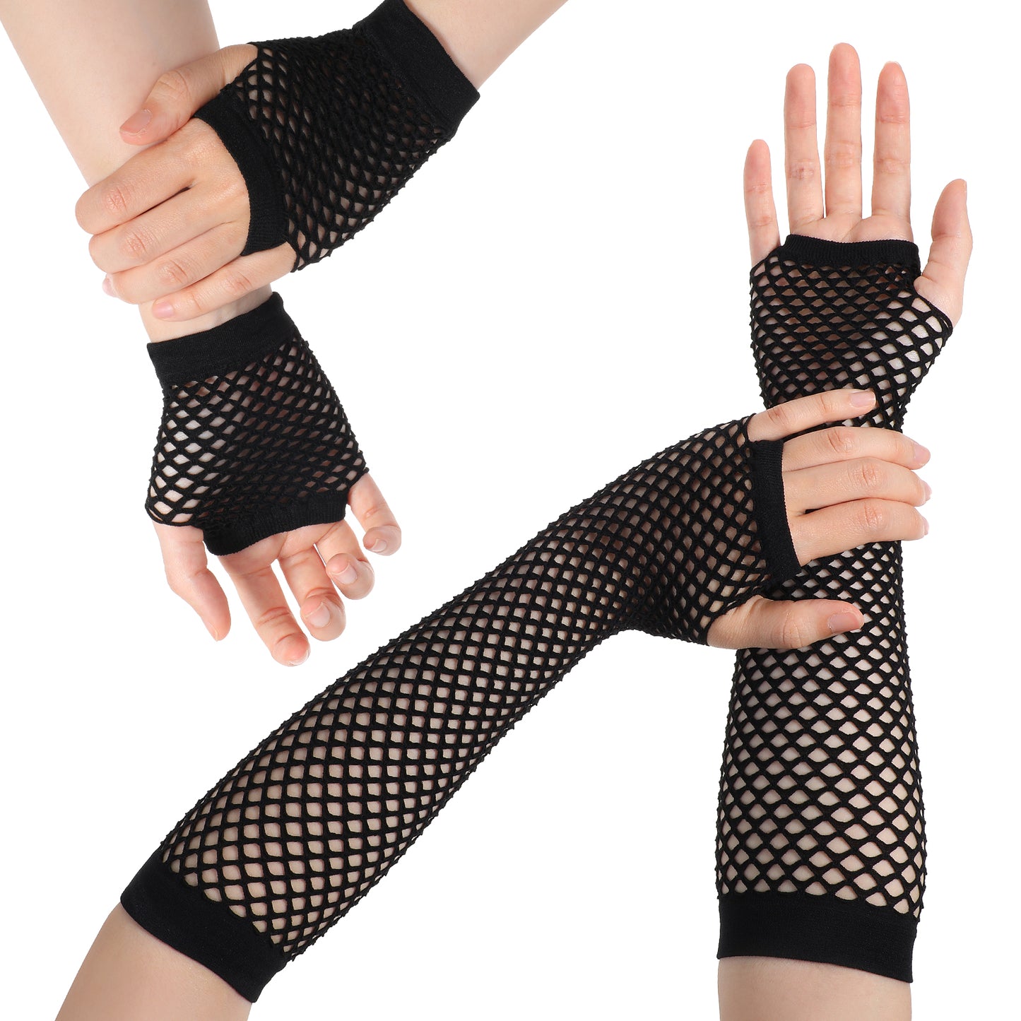 LXUEJIE 2 Pairs Fishnet Gloves Fingerless for Women, 80s Fishnets Fingerless Gloves for Goth Halloween Party Costume Cosplay(Black)