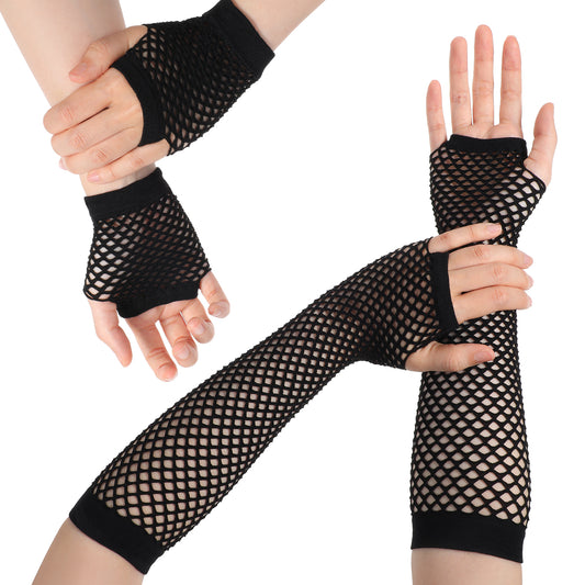 LXUEJIE 2 Pairs Fishnet Gloves Fingerless for Women, 80s Fishnets Fingerless Gloves for Goth Halloween Party Costume Cosplay(Black)