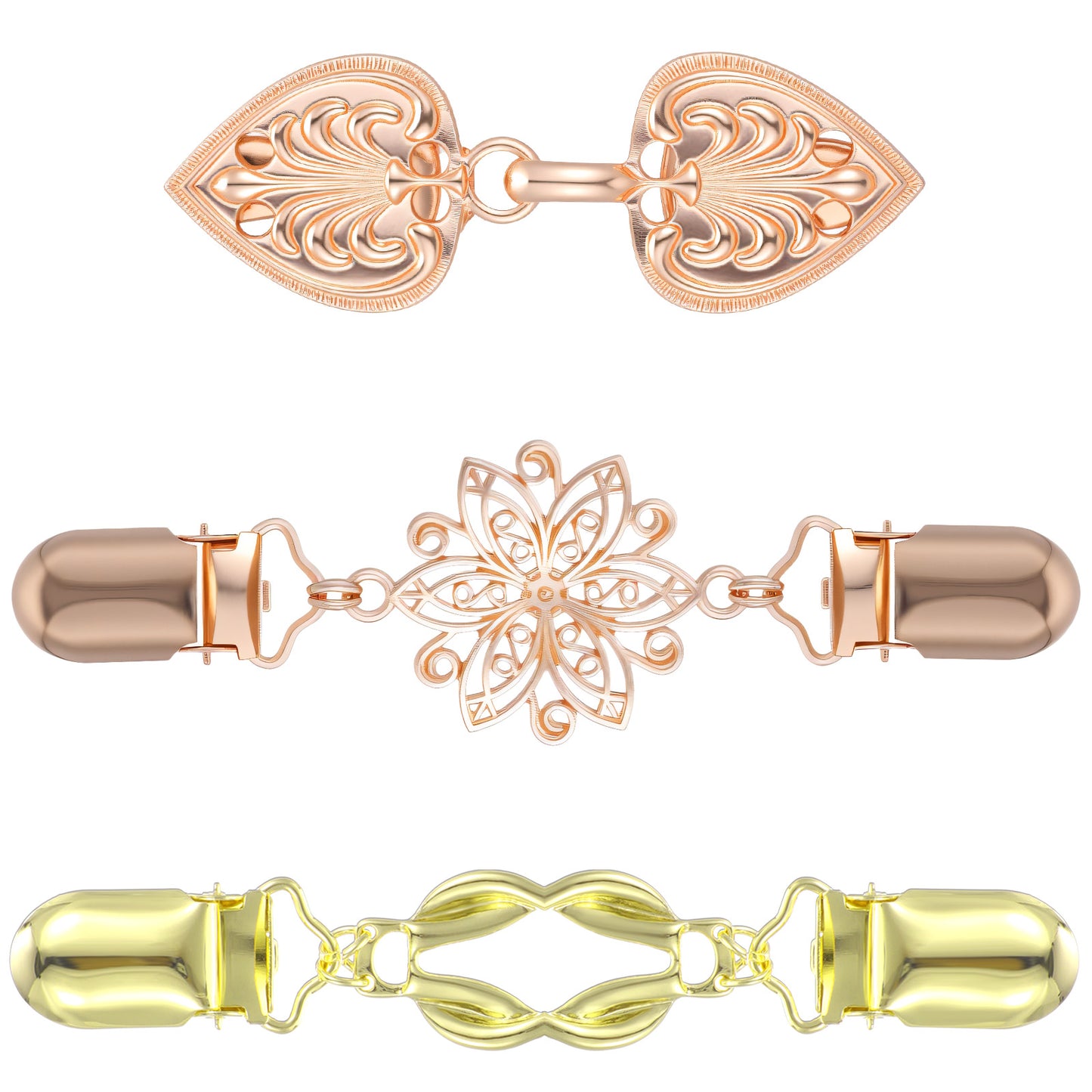 Molain 3 Styles Dress Clips Back Cincher, Waist Clip Adjuster for Shawl Cardigan Collar Sweater Gown Pant Shirt Vintage Gold and Yellow Clip Set