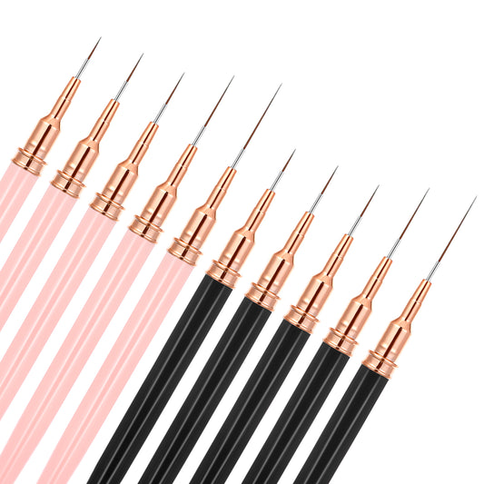 LXUEJIE 10 PCS Nail Art Liner Brushes, Black & Pink Fine Liner Brush 7/9/11/15/25mm Nail Art Striping Brushes Detail Drawing Brush Nail Tools for Long Lines Thin Details Fine Drawing