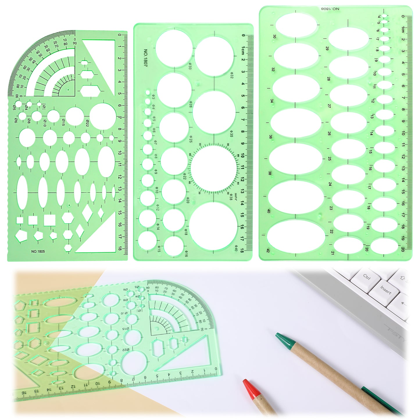 Yuanchu Drawings Templates Geometry Ruler Set, 3 Pcs Circle Measuring Template Ellipse Stencils Geometry Measuring Tools for Design School Studying Office