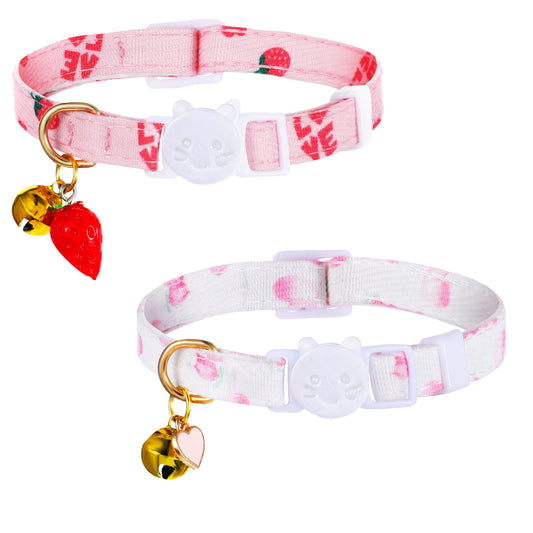 JJUNW 2 Pack Cat Collars, Safety Adjustable Cat Collars, Cotton Breakaway Cat Collar Set, Strawberries and Heart Shaped Pendant Kitten Collar with Bells Safe Quick Release Buckle Cat Collar