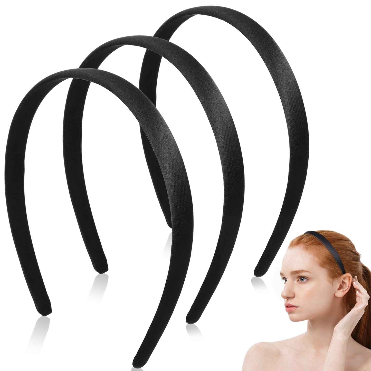 TIESOME 3Pcs Satin Black Headbands for Women, Plain Wide Hair Band Fashion Solid Hairband Non-Slip Elastic Hoops for Women Girls Holiday Cosplay Costumes Valentine's Day Gifts DIY Crafts(1.5 CM)