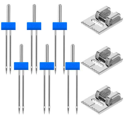 JIEYAO 9 Pcs Twin Needles for Sewing Machine, Double Twin Needles Pins, Double Needle Threader with 3 pcs 9 Groove Pintuck Presser Foot Sewing Machine Double Needle 3 Mixed Sizes 2/90, 3/90, 4/90