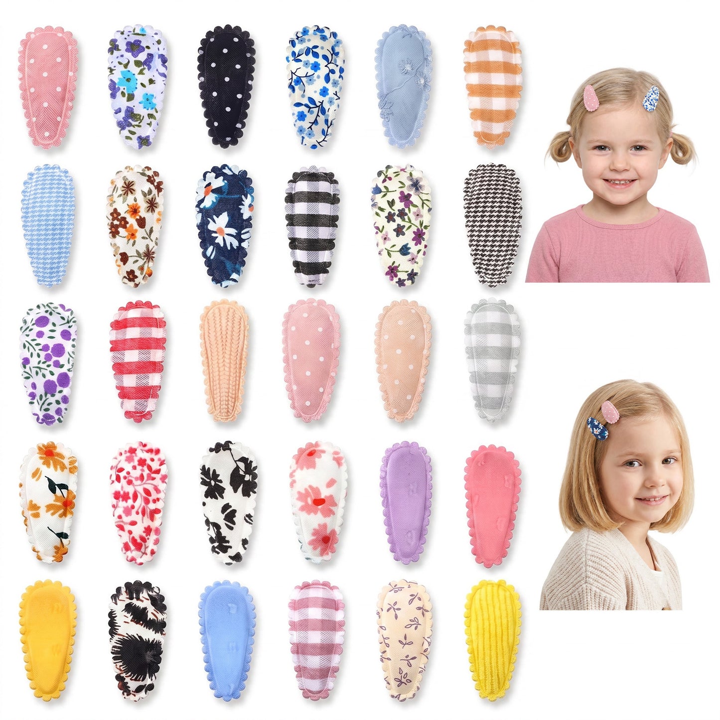 GEEHUA 30PCS Baby Hair Clips, Floral Print Wrapped Snap Hairpins for Girls Non Slip Girl Hair Bows Handmade Barrettes Cute HairAccessories for Girls