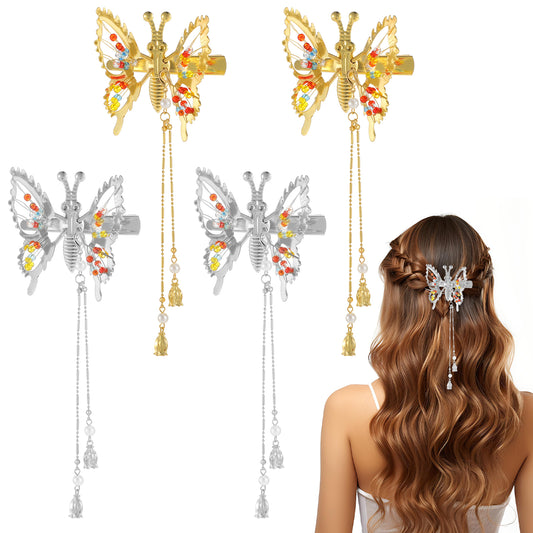 cobee 4 Pcs Butterfly Hair Accessories, Dynamic 3D Butterfly Hair Charms Set with Tassels, Hollow Silver Butterfly Hair Clips Hair Decorations for Women and Girls, Bridal Wedding Headdress