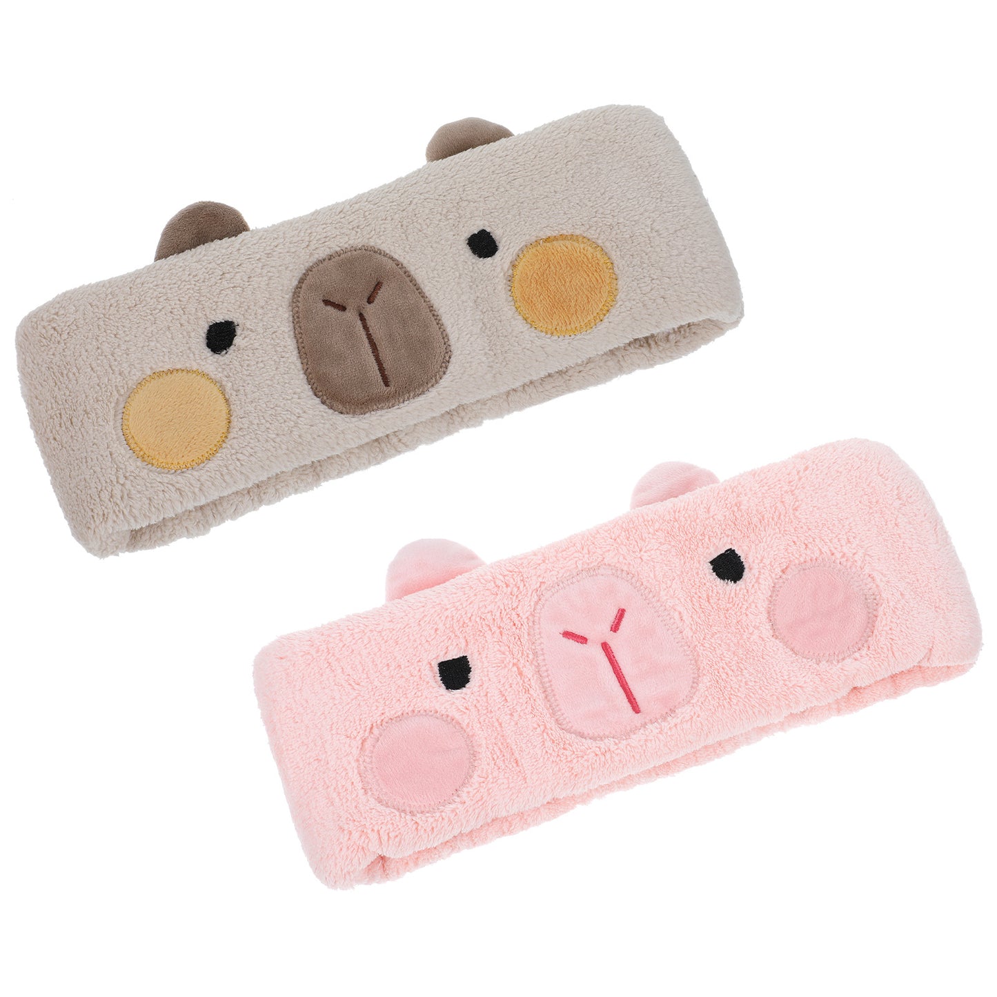 HJZHII 2 Packs Cute Spa Headband, Kawaii Capybara Elastic Hair Band Soft Coral Fleece Cosmetic Headwrap for Yoga Makeup Washing Face Women Girls(Brown, Pink)