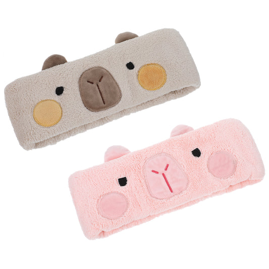HJZHII 2 Packs Cute Spa Headband, Kawaii Capybara Elastic Hair Band Soft Coral Fleece Cosmetic Headwrap for Yoga Makeup Washing Face Women Girls(Brown, Pink)