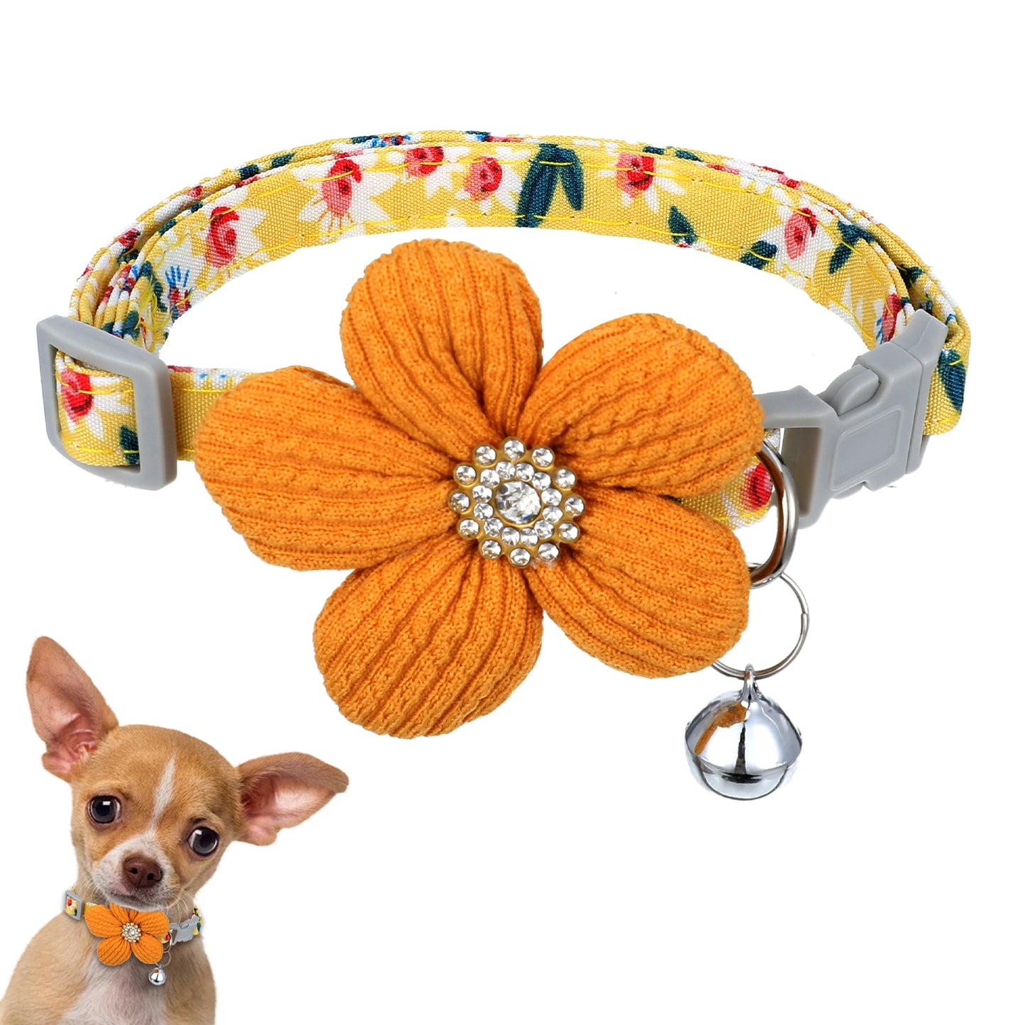 GEEHUA Yellow Flower Puppy Collar with Bell, Adjustable Floral Dog Collar Cute Pet Kitten Collars Small Cat Collars Choker with Rhinestone for Pets Puppy Girls Dogs Cats