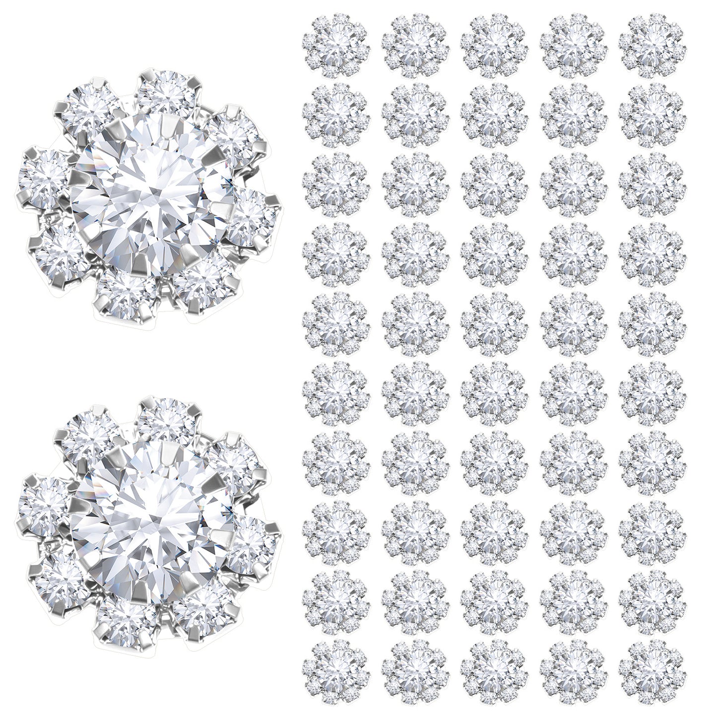 WJIAAA 50 Pcs Silver Rhinestone Embellishments, 12mm Bedazzling Flower Flat Back Rhinestone Buttons for DIY Clothing Crafts Jewelry(Silver)
