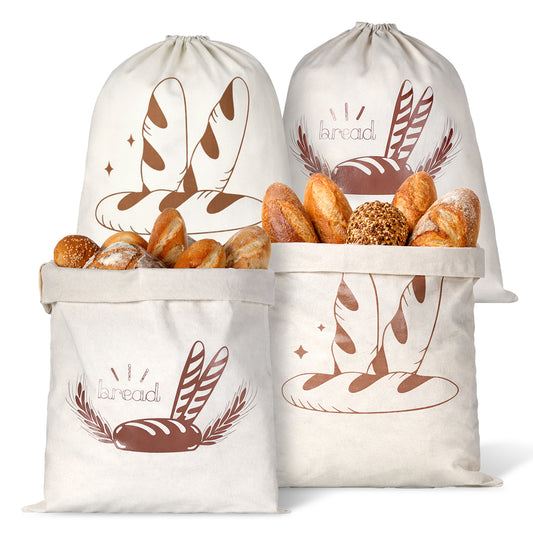 JJUNW 4 Pack Linen Bread Bags, Drawstring Bread Bag, Reusable Linen Bread-Bag Bread-Bags for Homemade Breads 40cm x 30cm Food Storage Bags to Keep Fresh