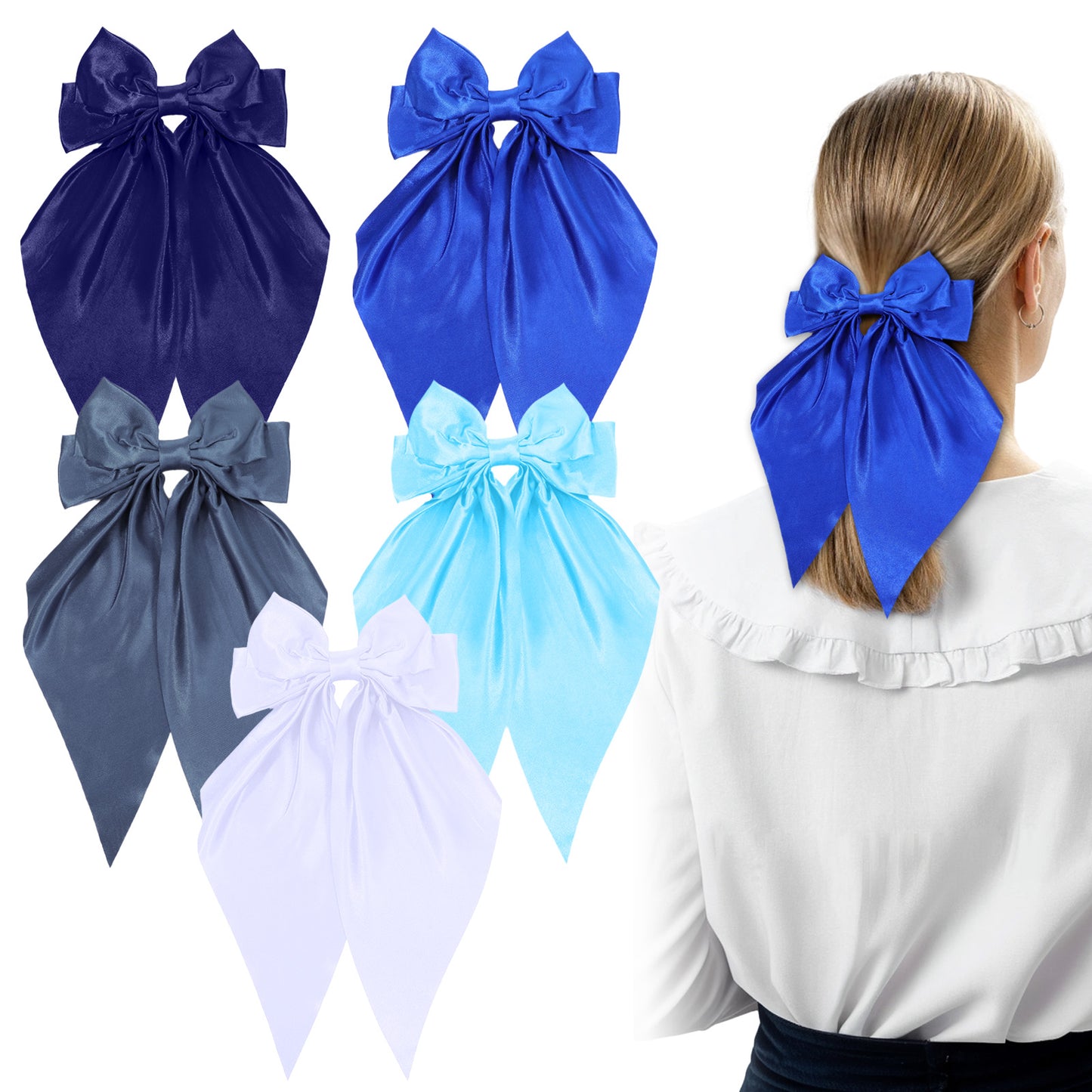 TIESOME 5Pcs Silky Satin Hair Bows for Women, Large Ribbon Bows Hair Clips Long Tail Hair Ribbon Accessories Coquette(Multicolor)