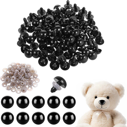 Bewudy 100pcs 15mm Black Plastic Safety Eyes Crafts Safety Eyes with Washers, Safety Eyes for Crocheting for Teddy Bear and Crochet Stuffed Animals