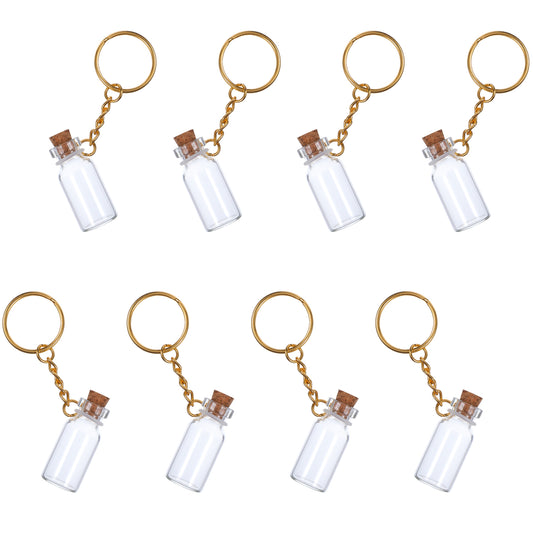 MBAIYO 8Pcs Mini Glass Bottles, 3ml Small Glass Bottles with Cork Lid and Keychain Clear Tiny Spell Jars with Lids for DIY Crafts Message Miniature Jars for Home Decor and Wedding Party Favors
