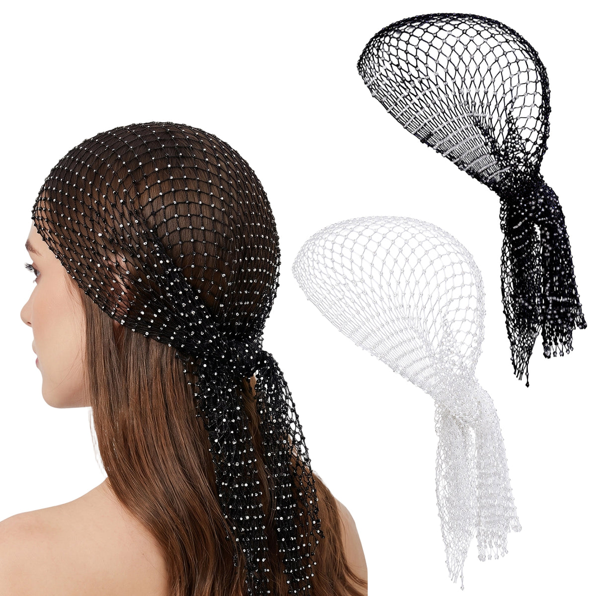 Jeffdad Rhinestone Mesh Headbands for Women Rhinestone Head Scarf Black