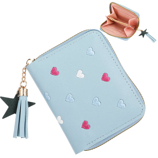 JIEYAO Cute Girls Zipper Wallet, Slim Small Kids Purse Tassels Leather Coins Pocket Purse with Embroidery Hearts for Girls Kid Childrens Teenagers Women Gift(Blue)