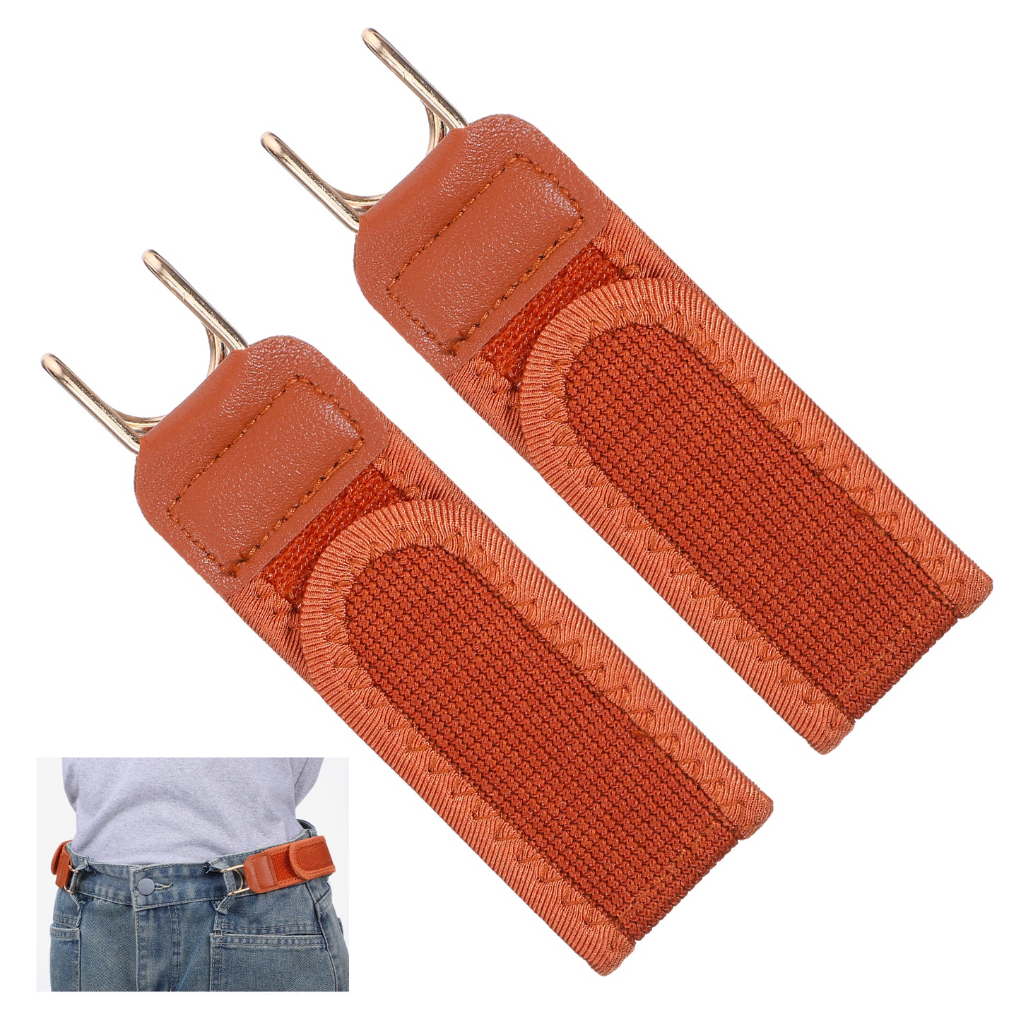 DOPENSPI 2 Pcs Metal Hook Elastic Belt, Adjustable No-Buckle Waist Belt for Men Women Comfortable Invisible Side Belts for Pants Travel Work(Brown)