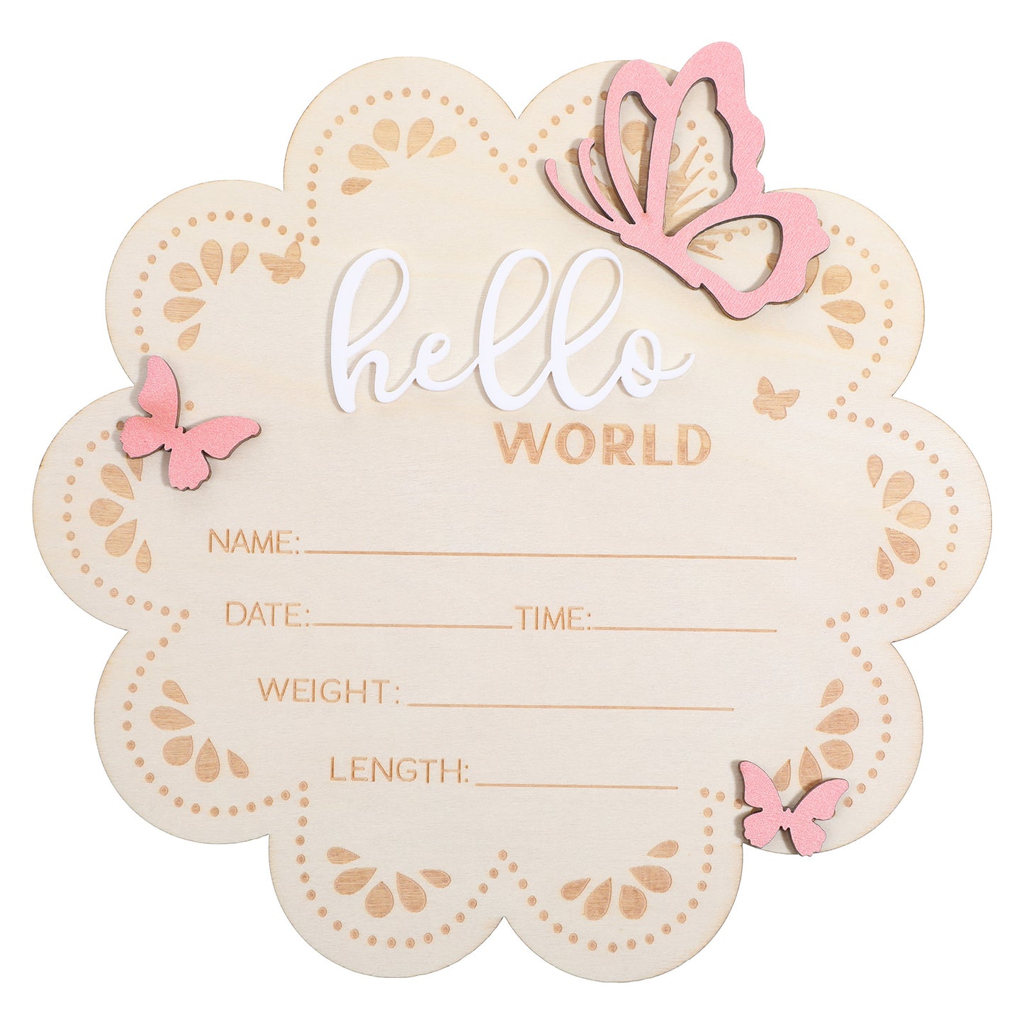 JJUNW Hello World Newborn Sign, 6 Inch Pink Butterfly Baby Name Announcement Sign Wooden Baby Welcome Signs, Birth Announcement Signs for Newborn Photo Props Babies Shower Hospital Nursery