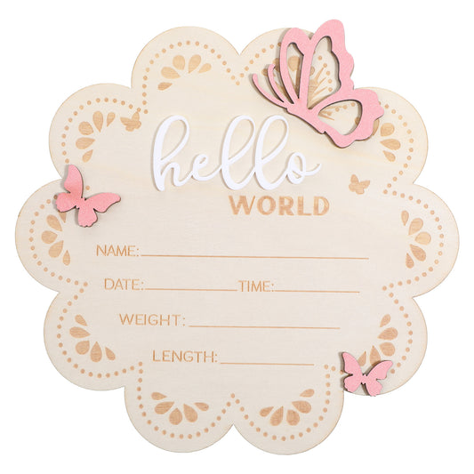 JJUNW Hello World Newborn Sign, 6 Inch Pink Butterfly Baby Name Announcement Sign Wooden Baby Welcome Signs, Birth Announcement Signs for Newborn Photo Props Babies Shower Hospital Nursery