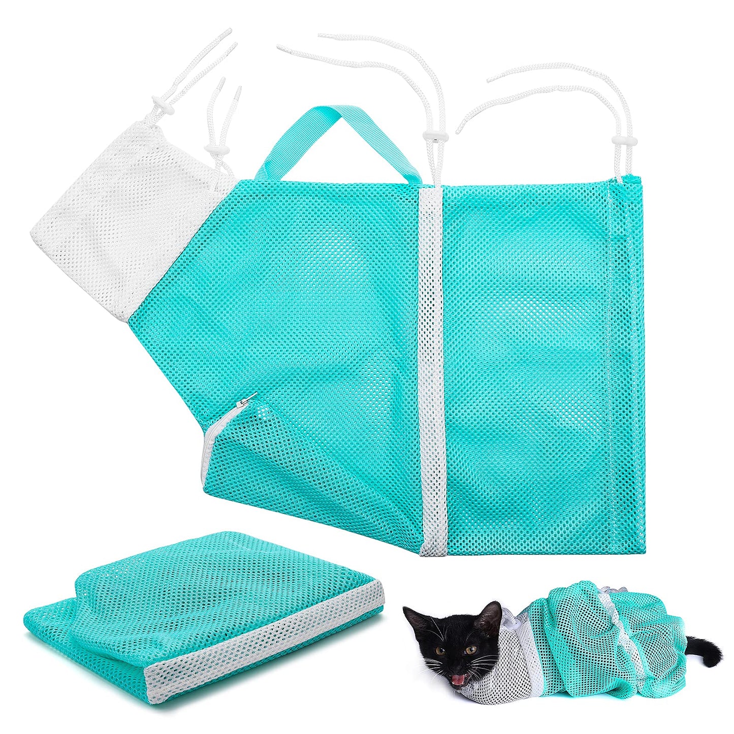 Molain Cat Shower Net Bag Cat Grooming Bathing Bag Adjustable Cat Washing Bag Cat Restraint Bag Prevent Biting Scratching for Bathing, Injection, Nail Trimming, Medicine Feeding (Green)
