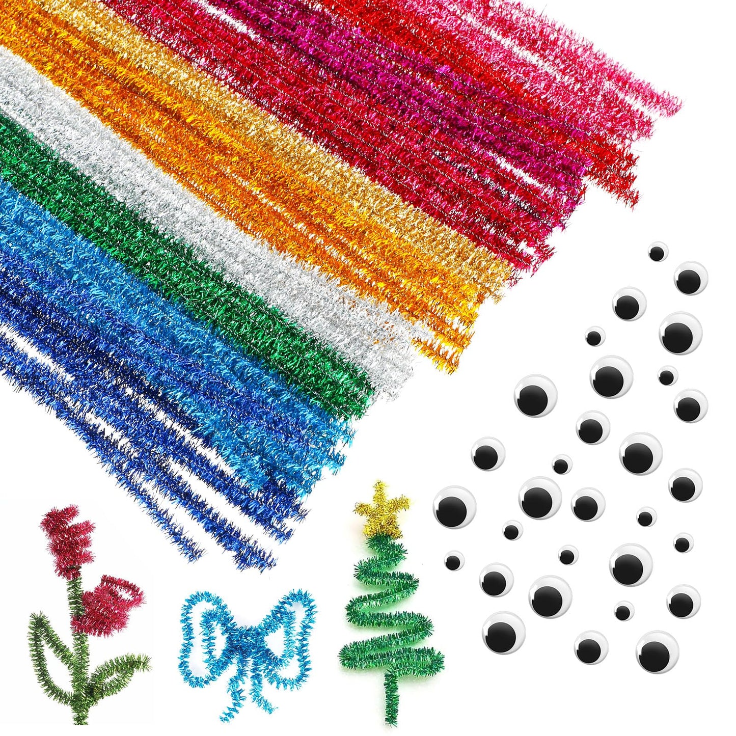 Jeffdad 130Pcs Pipe Cleaners Craft, Includes 100 Multicolor Pipe Cleaners & 30 Wiggle Eyes, Bundle Pipe Cleaners Craft for Arts & Crafts Supply(Style B)