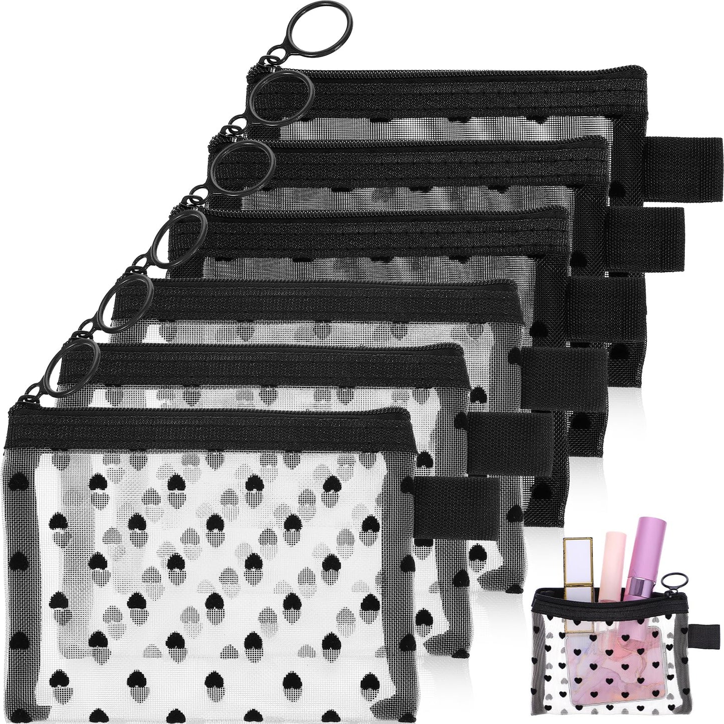 WJIAAA Mesh Makeup Bags Zipper, 6 pcs Mini Heart Print Cosmetic Bags 3D Heart-shaped Storage Pouch Small Nylon Organizer Purse Bag for Women Lipstick Travel Home Offices black