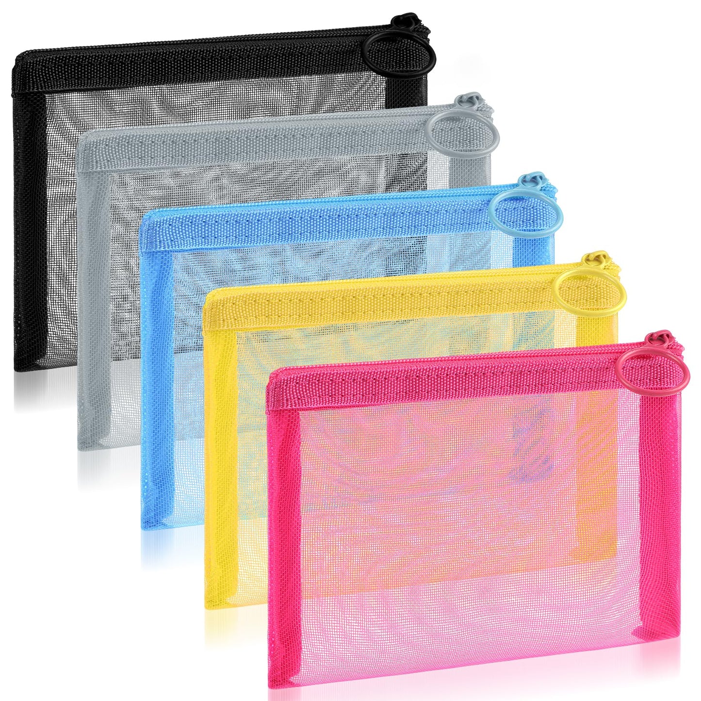 Amabro Cosmetic Zipper Bags Package - 5 Colors Nylon Mesh Zipper Pouch Bags for Organizing Storage, Travel, Home, Office, Board Game, Puzzle