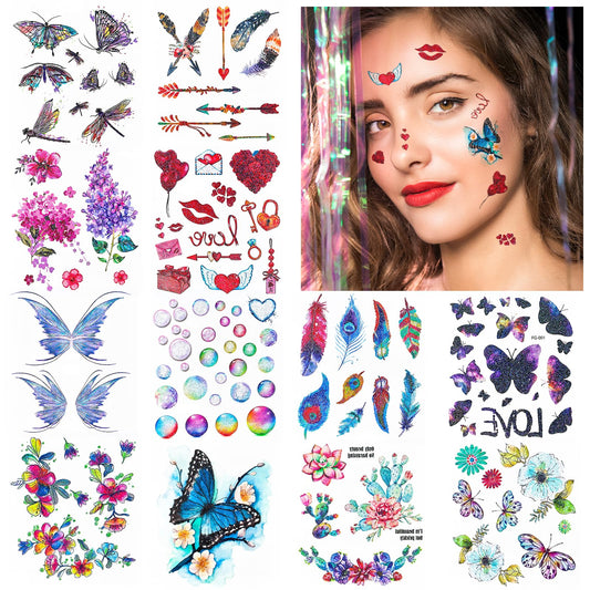 cobee 100pcs Face Temporary Tattoos, 12 Sheet Glitter Butterfly Fake Tattoos Stickers Bling Metallic Freckle Water Transfer Tattoo Art Face Arm Body Sticker for Women Makeup Birthday Rave(Style B)