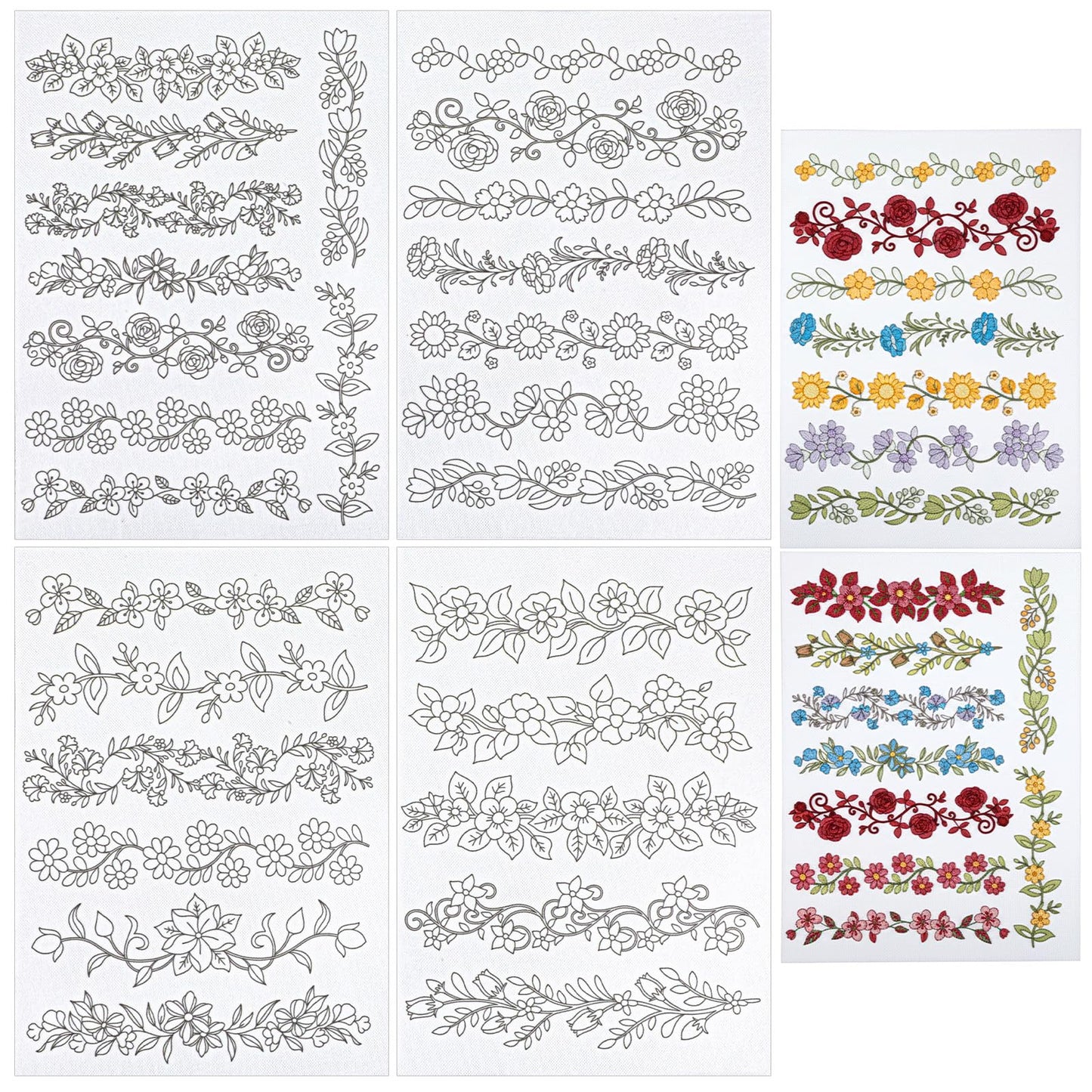 TIESOME 4 Sheets Flower Border Water Soluble Hand Sewing Stabilizers, Tear Away Embroidery Stabilizers with Long Rattan Flowers for Hand Sewing Lover Beginners for Carves Shirts Coats Bags
