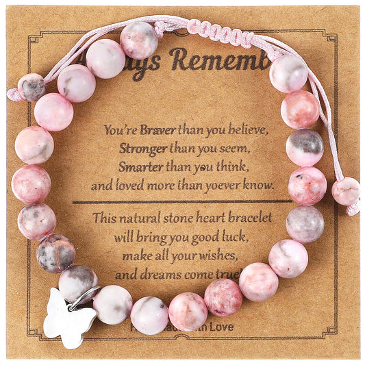 MBAIYO Pink Natural Stone Bracelet, Pearl Bracelet with Butterfly Pendant, Adjustable Jewellery Bracelets with Jewellery Card, Birthday Gifts, Girls Gift Ideas for Girl's Birthday for Daughter, Stone