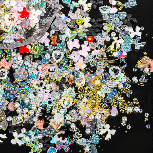 Bewudy 500 Pcs 3D Nail Charms, Multi Shapes Bowknot Heart Star Flower Pearls for Nail Design Jewellery, DIY Manicure Decoration Crafts Arts for Women (Multicolor)