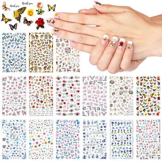 Amaxiu 15 Sheets Flower Nail Art Stickers, Butterfly Nail Stickers Self Adhesive Multicolored Floral Nail Decals Butterfly Design Nail Art Decoration for Women Girls DIY Nails