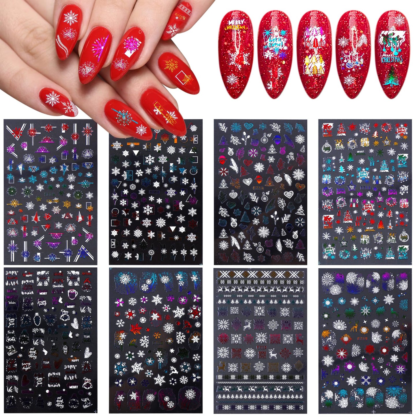 cobee Christmas Nail Art Stickers, 8 Sheets Xmas Theme Nail Art Decals Self-Adhesive Snowflake Reindeer Christmas Tree Wreath 3D DIY Nail Design for Christmas Winter Holiday Manicure Accessories(Gold)