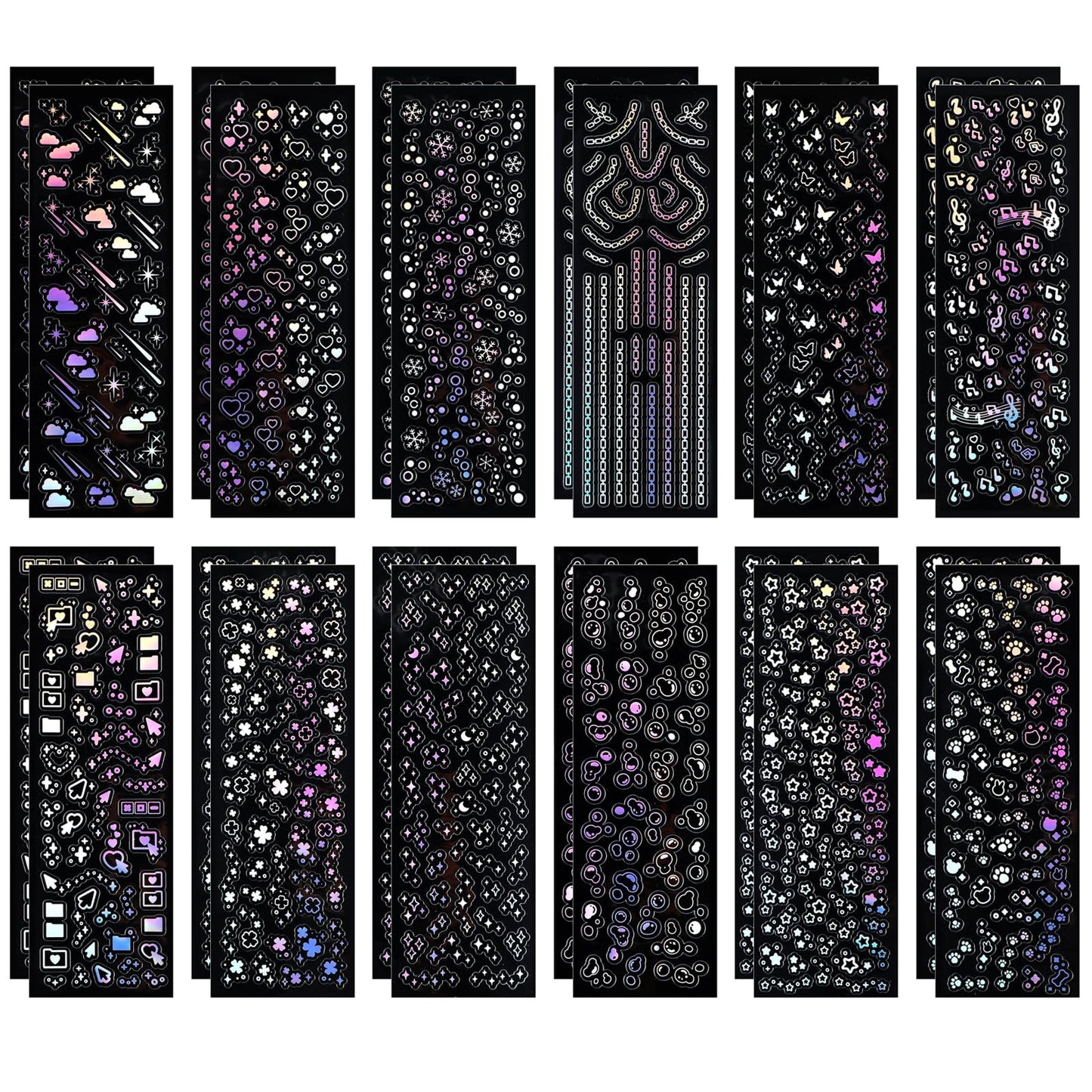 JIEYAO 24 Sheets Holographic Kpop Deco Stickers, Shinny Korean Stickers for Photocards, Chain Butterfly Bubbles Snowflake Musical Note Decals Self Adhesive Clear Laser Stickers Glitter Sticker DIY Art
