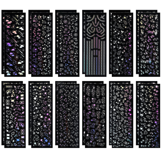 JIEYAO 24 Sheets Holographic Kpop Deco Stickers, Shinny Korean Stickers for Photocards, Chain Butterfly Bubbles Snowflake Musical Note Decals Self Adhesive Clear Laser Stickers Glitter Sticker DIY Art