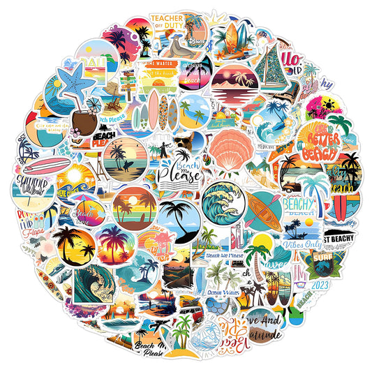 TIESOME 120Pcs Summer Beach Stickers Surfing Stickers Hawaii Beach Stickers, Waterproof Vinyl Stickers Outdoor Stickers Tropical Stickers Ocean Themed for Laptop Water Bottles Luggage Phone Skateboard