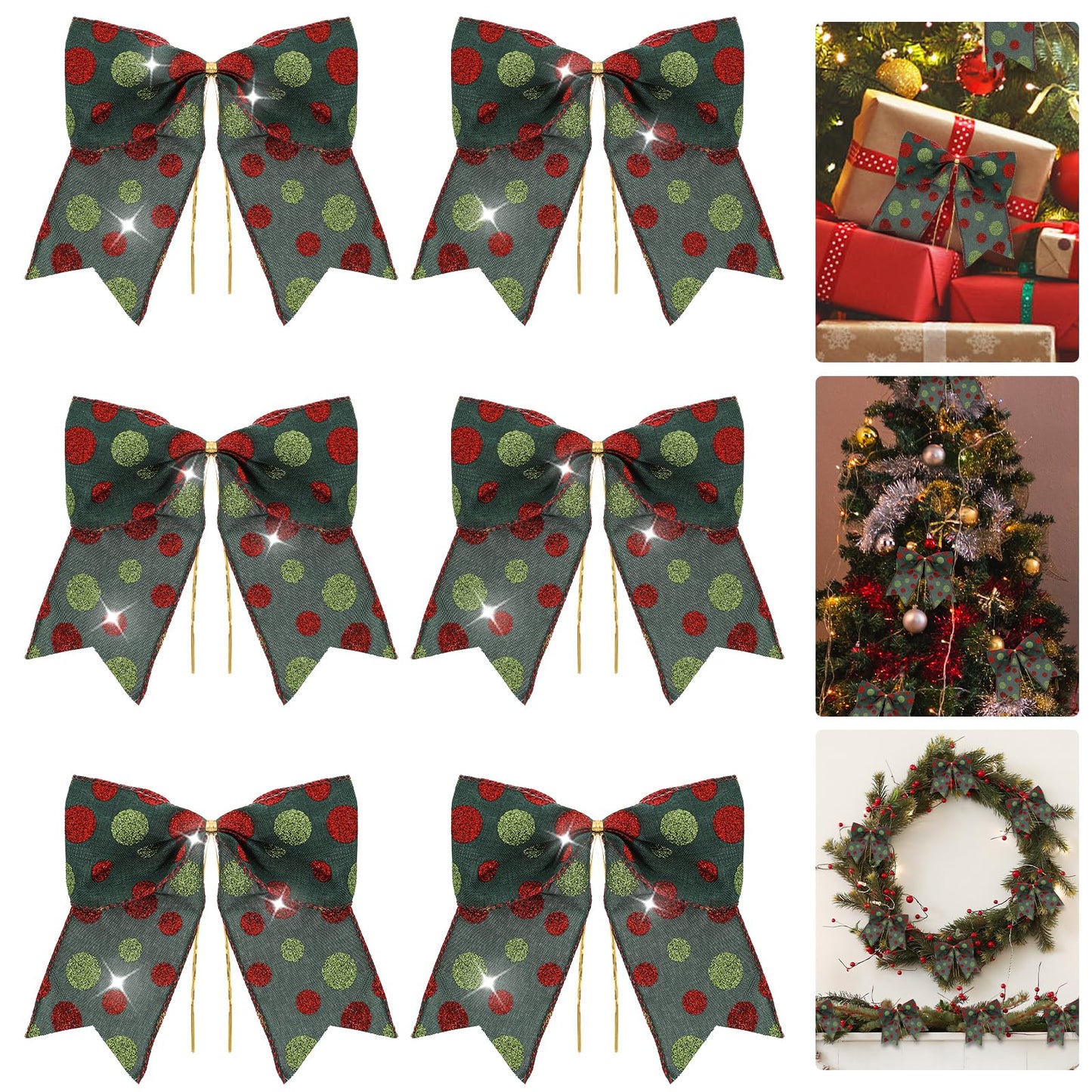 Amaxiu 6 PCS Large Christmas Bows, 5.9in Christmas Tree Bows Christmas Ribbon Bows Bowknot Ornament Christmas Wreaths Bows Christmas Tree Hanging Ornament for Christmas Decoration Presents(Green)