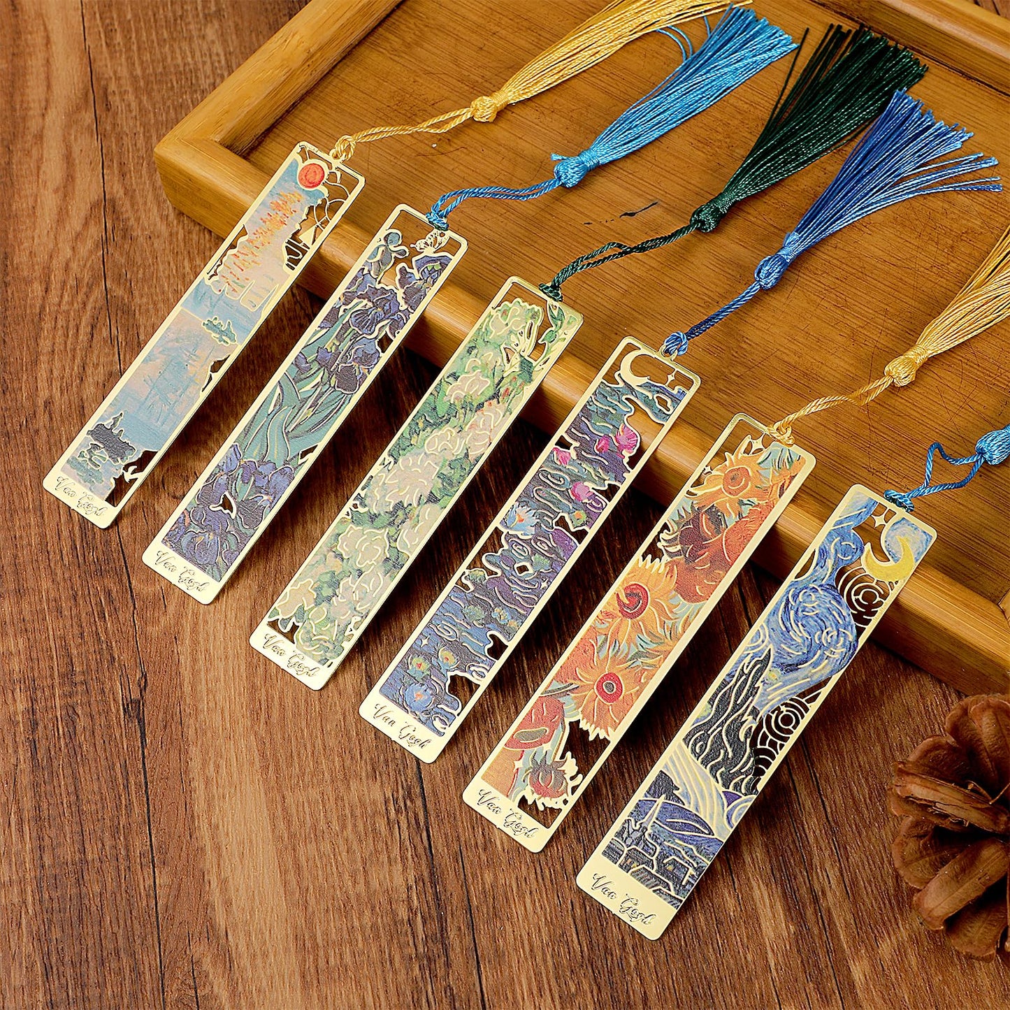 Yuanchu 6Pcs Metal Bookmarks with Tassel, Golden Hollow Metal Bookmark Oil Painting Theme Aesthetic Bookmarks Van Gogh Bookmarks Gifts for Book Lovers Writers Readers Men Women