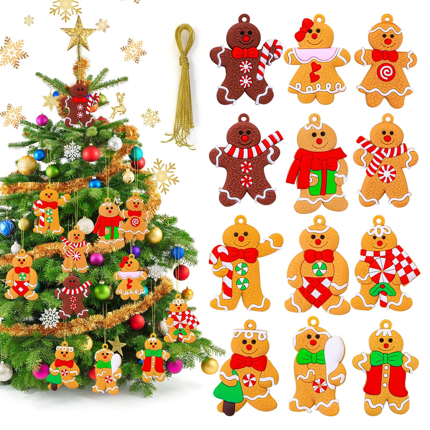 cobee Christmas Gingerbread Man Ornament Set, 12PCS Ginger Man Christmas Tree Hanging Decorations Plastic Gingerbread Figurines Mini Christmas Tree Decoration for Party Home Kitchen Holiday(A)