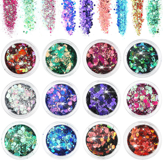 Giantree Glitter for Face Body, 12 Colors Hex Face Sequin Set Face Nail Hair Body Glitter Xmas Accessories Glitter for Festival Deco Masquerade Party Makeup Glitter DIY Craft (Color 1)