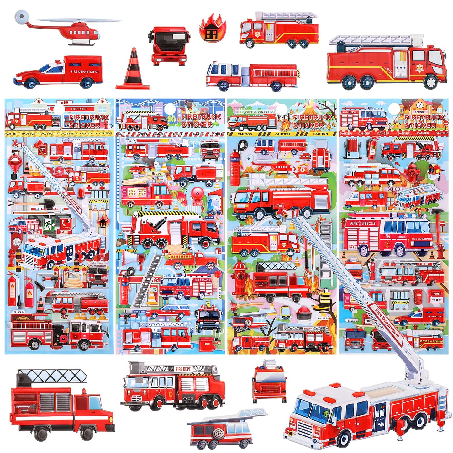 Cobee Fire Truck Sticker for Kids,4 Sheets 3D Puffy Fire Engine Sticker Car Foam Stickers Cute Kids Stickers Teacher Reward Stickers DIY Decoration Decal for Teens Adults Fire Vehicles Car Theme Party