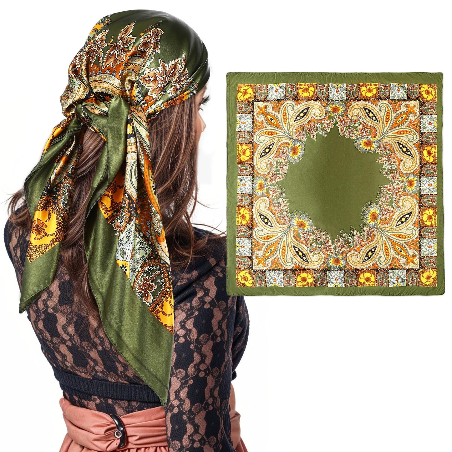 Yuanchu 35 Inch Large Square Satin Headscarf, Silk Headscarf for Women, 90 x 90 cm, Silk Scarf, Elegant Square Scarves, Personalise Bandanas, Hair Scarf, Hair Accessories, Army Green, 90x90cm